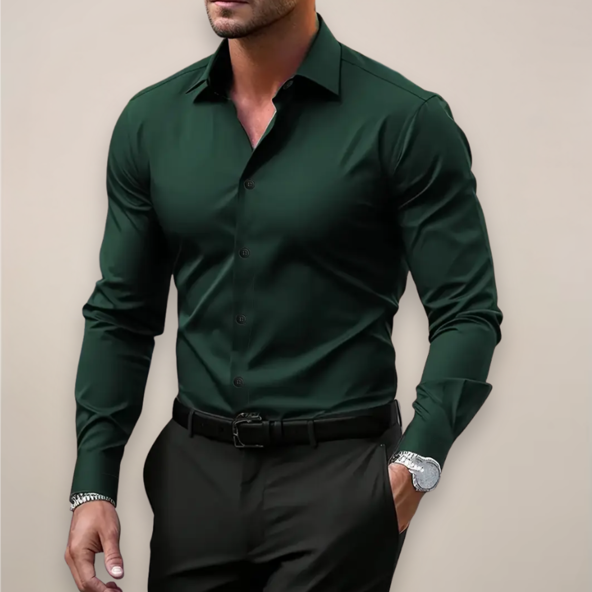 Camisa de manga larga hombre — cuello de muesca corte regular — oficina